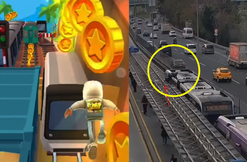 Sanki Subway Surfers oynuyor! Metrobüsün üstünde tehlikeli yolculuk…